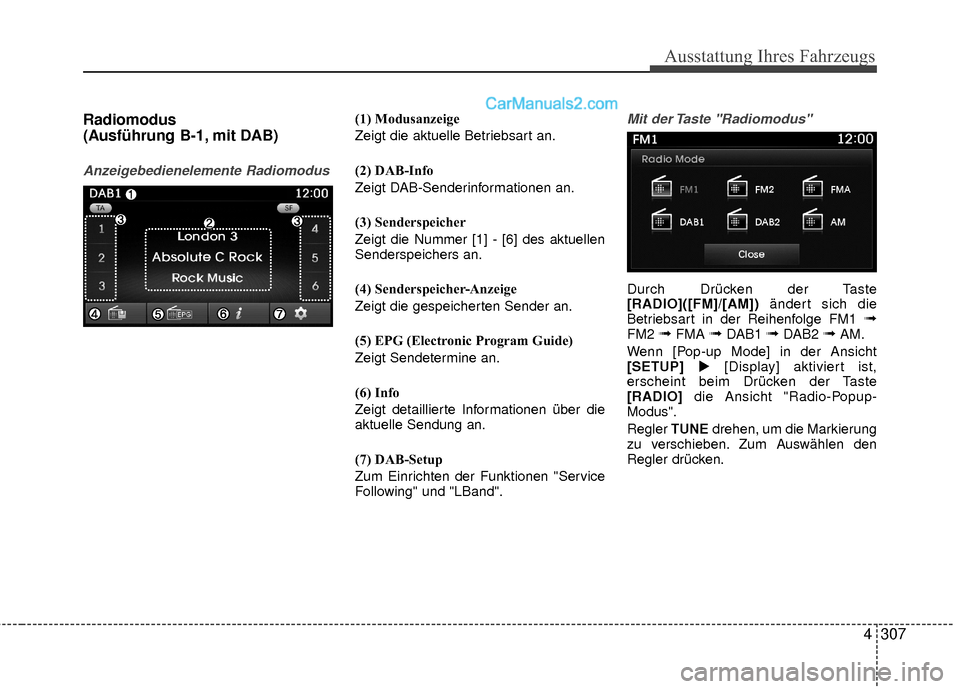 Hyundai Grand Santa Fe 2017 Betriebsanleitung (in German) Ausstattung Ihres Fahrzeugs
4307
Radiomodus
(Ausführung B-1, mit DAB)
Anzeigebedienelemente Radiomodus
(1) Modusanzeige
Zeigt die aktuelle Betriebsart an.
(2) DAB-Info
Zeigt DAB-Senderinformationen a Hyundai Grand Santa Fe 2017 Betriebsanleitung (in German) Ausstattung Ihres Fahrzeugs
4307
Radiomodus
(Ausführung B-1, mit DAB)
Anzeigebedienelemente Radiomodus
(1) Modusanzeige
Zeigt die aktuelle Betriebsart an.
(2) DAB-Info
Zeigt DAB-Senderinformationen a