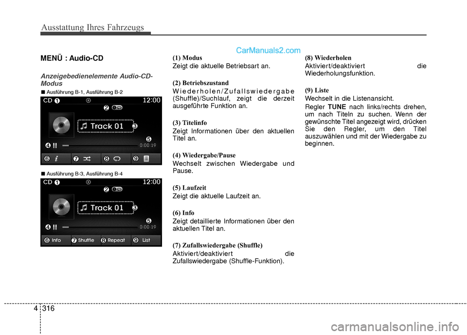 Hyundai Grand Santa Fe 2017 Betriebsanleitung (in German) Ausstattung Ihres Fahrzeugs
316
4 MENÜ : Audio-CD
Anzeigebedienelemente Audio-CD-
Modus
(1) Modus
Zeigt die aktuelle Betriebsart an.
(2) Betriebszustand
Wiederholen/Zufallswiedergabe
(Shuffle)/Suchla Hyundai Grand Santa Fe 2017 Betriebsanleitung (in German) Ausstattung Ihres Fahrzeugs
316
4 MENÜ : Audio-CD
Anzeigebedienelemente Audio-CD-
Modus
(1) Modus
Zeigt die aktuelle Betriebsart an.
(2) Betriebszustand
Wiederholen/Zufallswiedergabe
(Shuffle)/Suchla