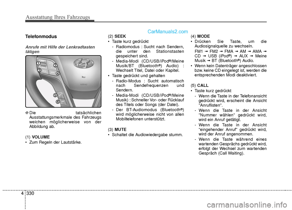 Hyundai Grand Santa Fe 2017  Betriebsanleitung (in German) Ausstattung Ihres Fahrzeugs
330
4 Telefonmodus
Anrufe mit Hilfe der Lenkradtasten
tätigen
❈ Die tatsächlichen
Ausstattungsmerkmale des Fahrzeugs
weichen möglicherweise von der
Abbildung ab.
(1) V
