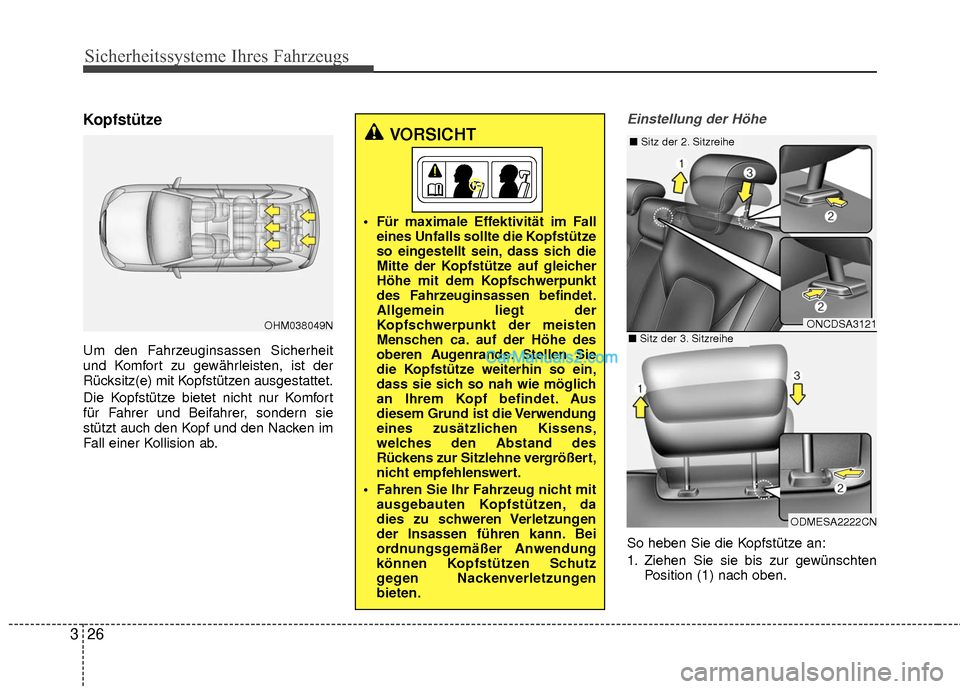 Hyundai Grand Santa Fe 2017 Betriebsanleitung (in German) Sicherheitssysteme Ihres Fahrzeugs
26
3
Kopfstütze
Um den Fahrzeuginsassen Sicherheit
und Komfort zu gewährleisten, ist der
Rücksitz(e) mit Kopfstützen ausgestattet.
Die Kopfstütze bietet nicht n Hyundai Grand Santa Fe 2017 Betriebsanleitung (in German) Sicherheitssysteme Ihres Fahrzeugs
26
3
Kopfstütze
Um den Fahrzeuginsassen Sicherheit
und Komfort zu gewährleisten, ist der
Rücksitz(e) mit Kopfstützen ausgestattet.
Die Kopfstütze bietet nicht n