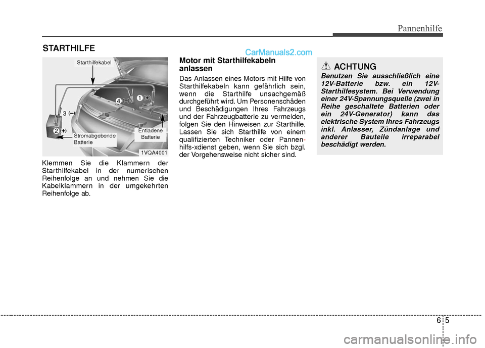 Hyundai Grand Santa Fe 2017  Betriebsanleitung (in German) 65
Pannenhilfe
STARTHILFE
Klemmen Sie die Klammern der
Starthilfekabel in der numerischen
Reihenfolge an und nehmen Sie die
Kabelklammern in der umgekehrten
Reihenfolge ab.
Motor mit Starthilfekabeln 