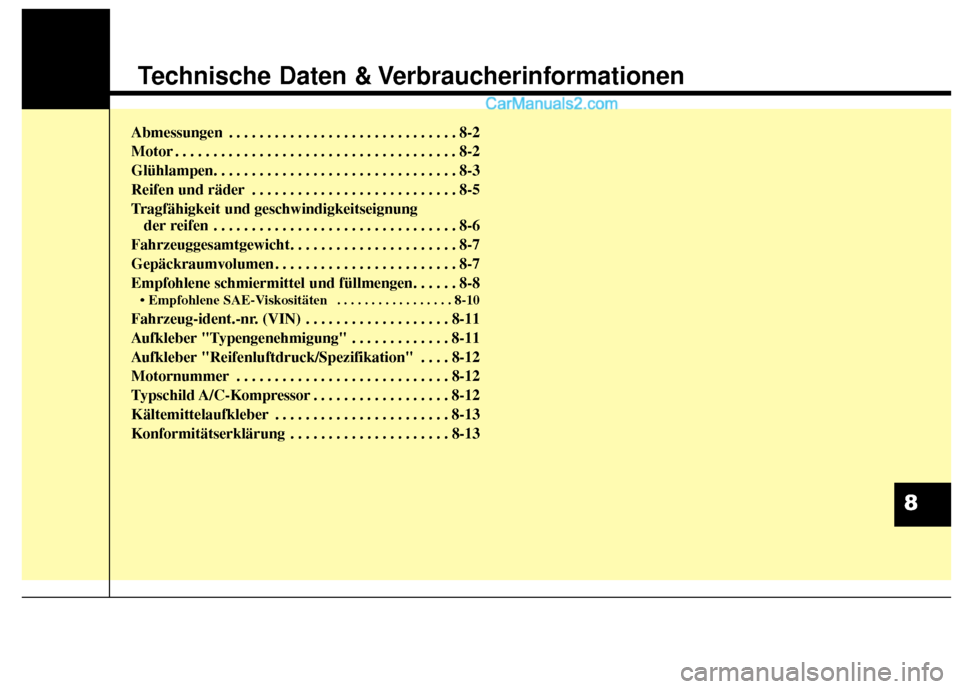 Hyundai Grand Santa Fe 2017 Betriebsanleitung (in German) Technische Daten & Verbraucherinformationen
Abmessungen . . . . . . . . . . . . . . . . . . . . . . . . . . . . . . 8-2
Motor . . . . . . . . . . . . . . . . . . . . . . . . . . . . . . . . . . . . \
Hyundai Grand Santa Fe 2017 Betriebsanleitung (in German) Technische Daten & Verbraucherinformationen
Abmessungen . . . . . . . . . . . . . . . . . . . . . . . . . . . . . . 8-2
Motor . . . . . . . . . . . . . . . . . . . . . . . . . . . . . . . . . . . . \