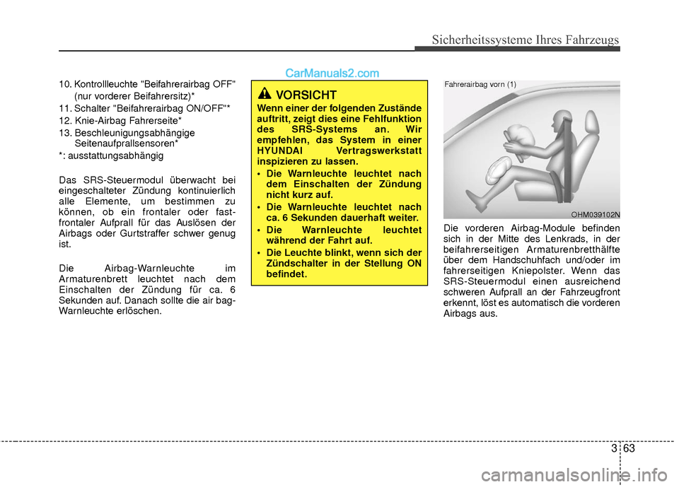 Hyundai Grand Santa Fe 2017  Betriebsanleitung (in German) 363
Sicherheitssysteme Ihres Fahrzeugs
10. Kontrollleuchte "Beifahrerairbag OFF"(nur vorderer Beifahrersitz)*
11. Schalter "Beifahrerairbag ON/OFF"*
12. Knie-Airbag Fahrerseite*
13. Beschleunigungsabh