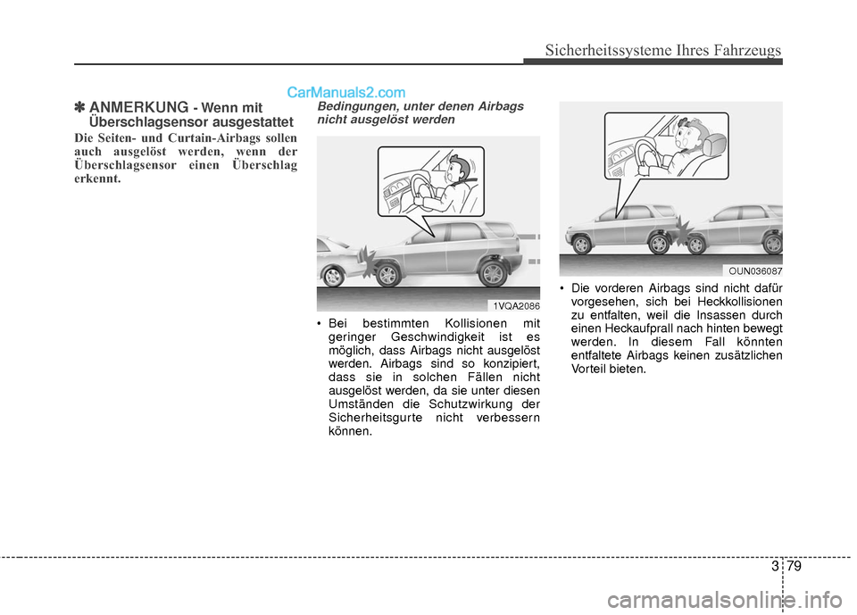 Hyundai Grand Santa Fe 2017  Betriebsanleitung (in German) 379
Sicherheitssysteme Ihres Fahrzeugs
✽
✽ANMERKUNG - Wenn  mit
Überschlagsensor ausgestattet
Die Seiten- und Curtain-Airbags sollen
auch ausgelöst werden, wenn der
Überschlagsensor einen Über