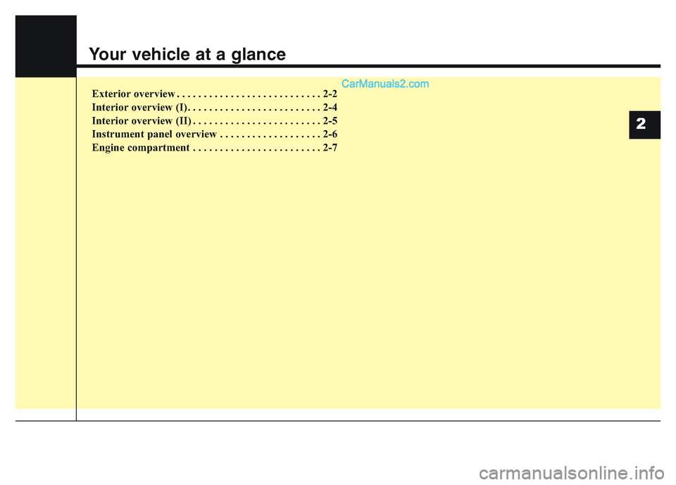 Hyundai Grand Santa Fe 2016 User Guide Your vehicle at a glance
Exterior overview . . . . . . . . . . . . . . . . . . . . . . . . . . . 2-2
Interior overview (I). . . . . . . . . . . . . . . . . . . . . . . . . 2-4
Interior overview (II) . Hyundai Grand Santa Fe 2016 User Guide Your vehicle at a glance
Exterior overview . . . . . . . . . . . . . . . . . . . . . . . . . . . 2-2
Interior overview (I). . . . . . . . . . . . . . . . . . . . . . . . . 2-4
Interior overview (II) .