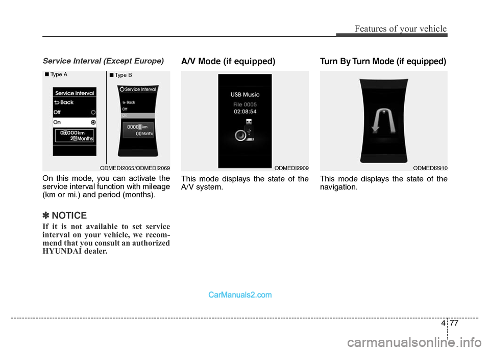 Hyundai Grand Santa Fe 2016  Owners Manual 477
Features of your vehicle
Service Interval (Except Europe)
On this mode, you can activate the
service interval function with mileage
(km or mi.) and period (months).
✽NOTICE
If it is not availabl