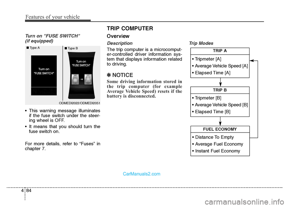 Hyundai Grand Santa Fe 2016  Owners Manual Features of your vehicle
84 4
Turn on "FUSE SWITCH" 
(if equipped)
• This warning message illuminates
if the fuse switch under the steer-
ing wheel is OFF.
• It means that you should turn the
fuse