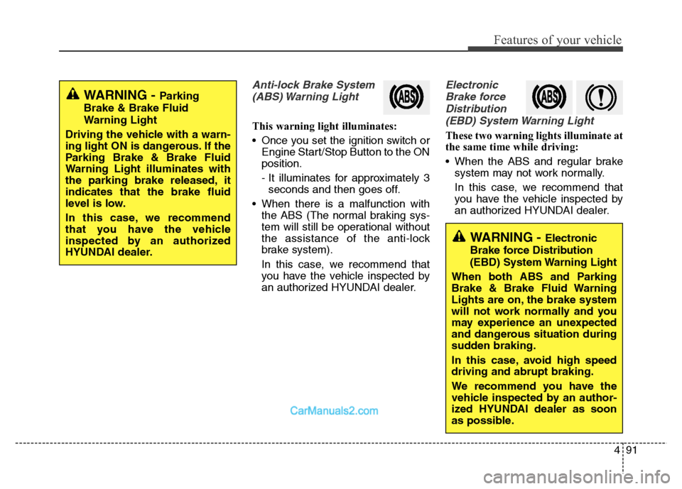 Hyundai Grand Santa Fe 2016  Owners Manual 491
Features of your vehicle
Anti-lock Brake System
(ABS) Warning  Light
This warning light illuminates:
• Once you set the ignition switch or
Engine Start/Stop Button to the ON
position.
- It illum