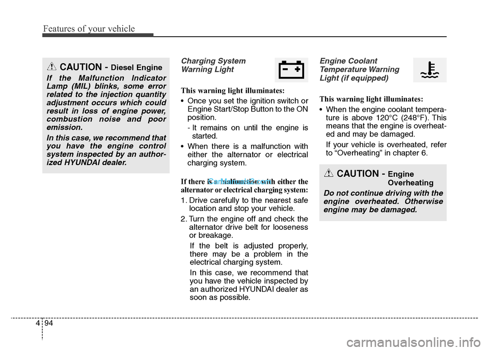 Hyundai Grand Santa Fe 2016  Owners Manual Features of your vehicle
94 4
Charging System
Warning Light
This warning light illuminates:
• Once you set the ignition switch or
Engine Start/Stop Button to the ON
position.
- It remains on until t