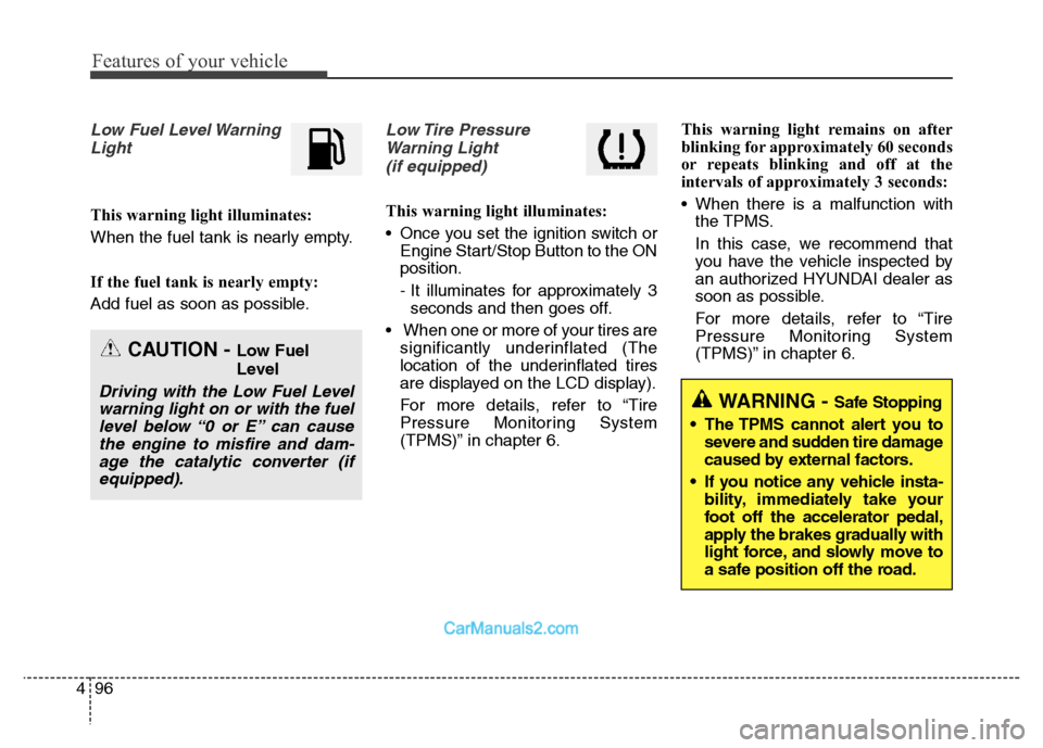 Hyundai Grand Santa Fe 2016  Owners Manual Features of your vehicle
96 4
Low Fuel Level Warning
Light
This warning light illuminates:
When the fuel tank is nearly empty.
If the fuel tank is nearly empty:
Add fuel as soon as possible.
Low Tire 