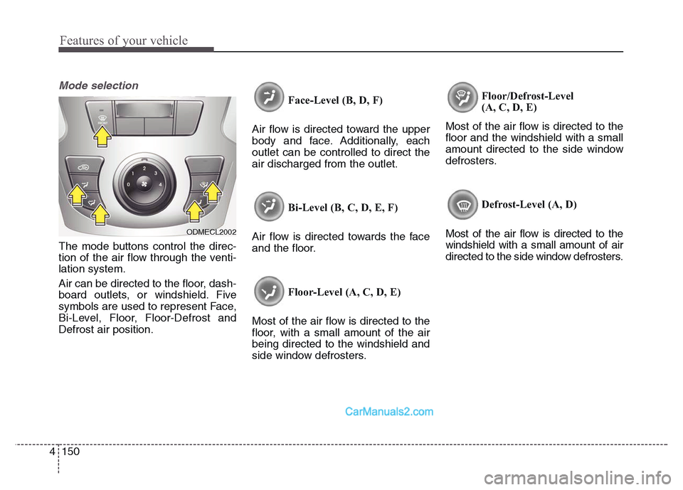 Hyundai Grand Santa Fe 2016  Owners Manual Features of your vehicle
150 4
Mode selection
The mode buttons control the direc-
tion of the air flow through the venti-
lation system. 
Air can be directed to the floor, dash-
board outlets, or wind