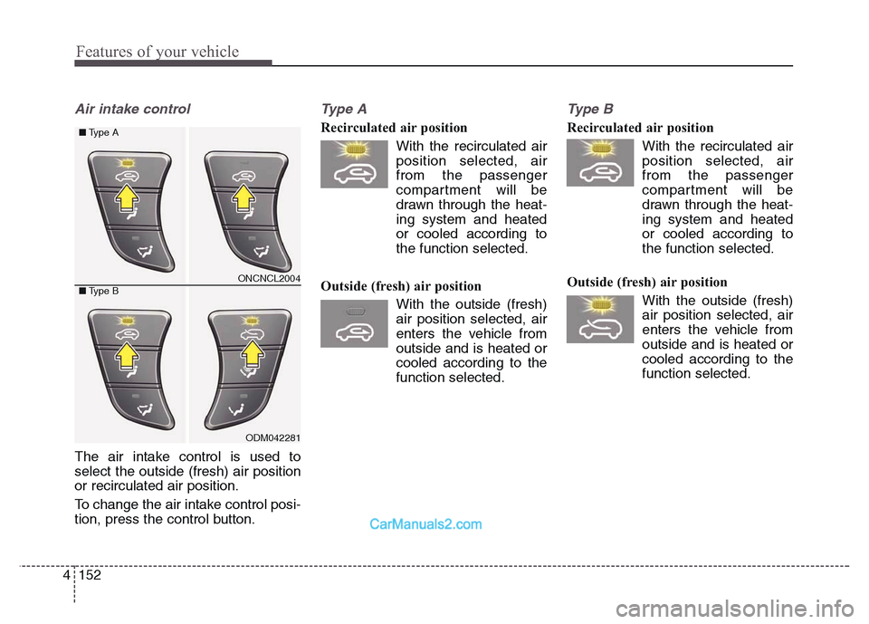 Hyundai Grand Santa Fe 2016  Owners Manual Features of your vehicle
152 4
Air intake control 
The air intake control is used to
select the outside (fresh) air position
or recirculated air position.
To change the air intake control posi-
tion, 