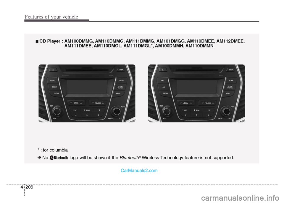 Hyundai Grand Santa Fe 2016  Owners Manual Features of your vehicle
206 4
* : for columbia
❈ No  logo will be shown if the 
Bluetooth®Wireless Technology feature is not supported.
■ CD Player : AM100DMMG, AM110DMMG, AM111DMMG, AM101DMGG, 