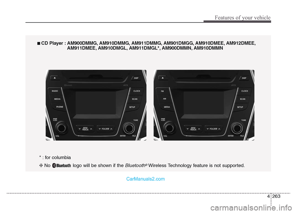 Hyundai Grand Santa Fe 2016 Owners Manual 4 263
Features of your vehicle
■ CD Player : AM900DMMG, AM910DMMG, AM911DMMG, AM901DMGG, AM910DMEE, AM912DMEE,
AM911DMEE, AM910DMGL, AM911DMGL*, AM900DMMN, AM910DMMN
* : for columbia
❈ No logo wi Hyundai Grand Santa Fe 2016 Owners Manual 4 263
Features of your vehicle
■ CD Player : AM900DMMG, AM910DMMG, AM911DMMG, AM901DMGG, AM910DMEE, AM912DMEE,
AM911DMEE, AM910DMGL, AM911DMGL*, AM900DMMN, AM910DMMN
* : for columbia
❈ No logo wi