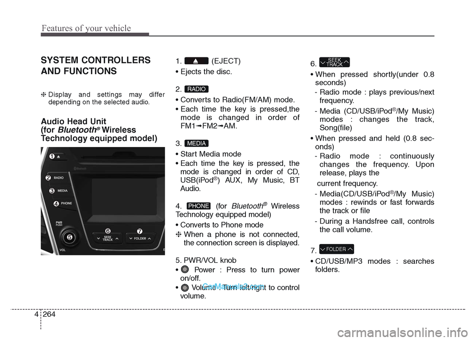 Hyundai Grand Santa Fe 2016 Owners Manual Features of your vehicle
264 4
SYSTEM CONTROLLERS
AND FUNCTIONS
❈ Display and settings may differ
depending on the selected audio.
Audio Head Unit
(for
Bluetooth®Wireless
Technology equipped mode Hyundai Grand Santa Fe 2016 Owners Manual Features of your vehicle
264 4
SYSTEM CONTROLLERS
AND FUNCTIONS
❈ Display and settings may differ
depending on the selected audio.
Audio Head Unit
(for
Bluetooth®Wireless
Technology equipped mode