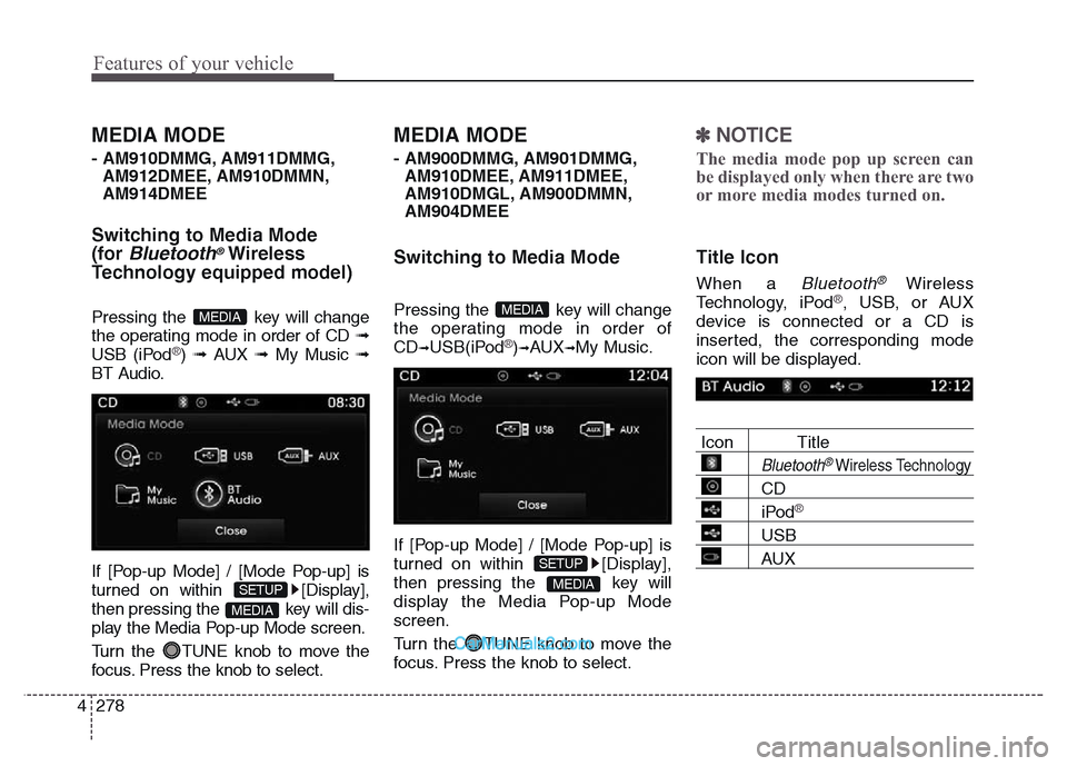 Hyundai Grand Santa Fe 2016 Owners Manual Features of your vehicle
278 4
MEDIA MODE
- AM910DMMG, AM911DMMG,
AM912DMEE, AM910DMMN,
AM914DMEE
Switching to Media Mode
(for
Bluetooth®Wireless
Technology equipped model)
Pressing the key will ch Hyundai Grand Santa Fe 2016 Owners Manual Features of your vehicle
278 4
MEDIA MODE
- AM910DMMG, AM911DMMG,
AM912DMEE, AM910DMMN,
AM914DMEE
Switching to Media Mode
(for
Bluetooth®Wireless
Technology equipped model)
Pressing the key will ch
