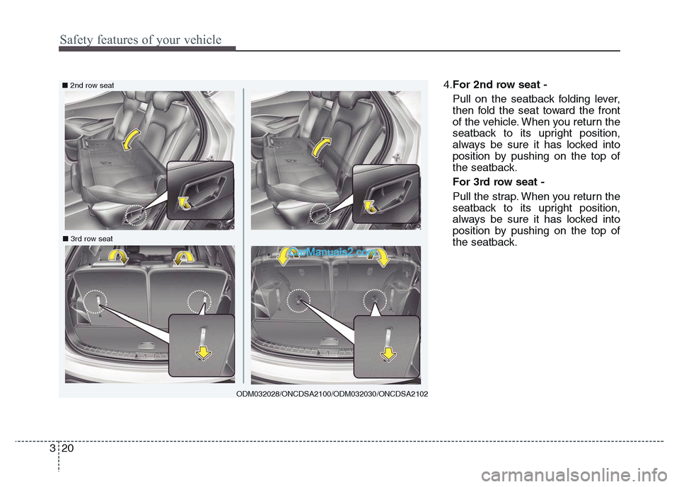 Hyundai Grand Santa Fe 2016  Owners Manual Safety features of your vehicle
20 3
4.For 2nd row seat -
Pull on the seatback folding lever,
then fold the seat toward the front
of the vehicle. When you return the
seatback to its upright position,
