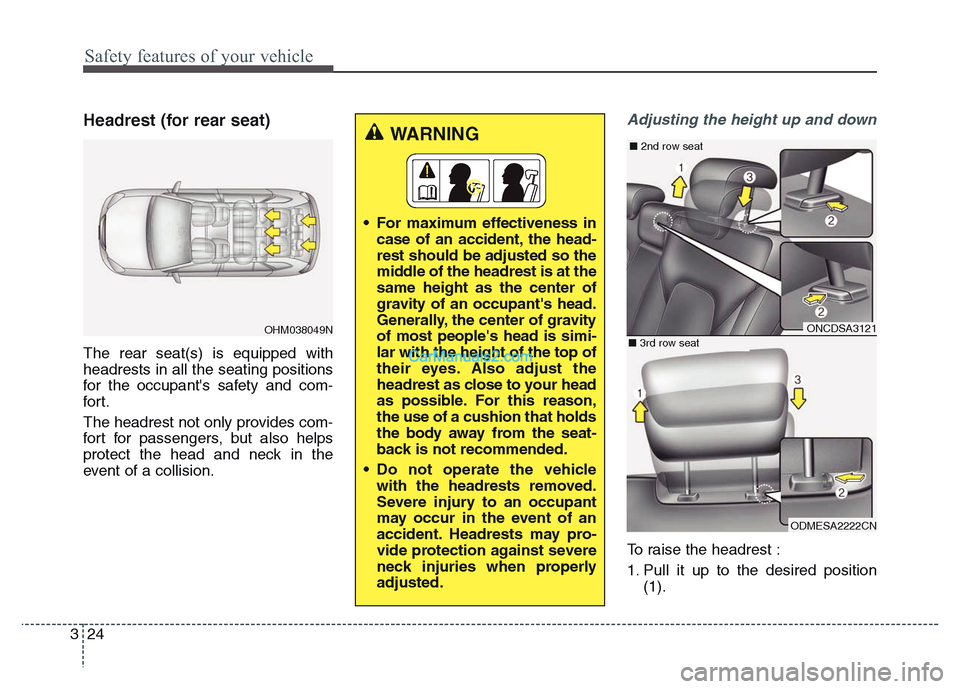 Hyundai Grand Santa Fe 2016 Service Manual Safety features of your vehicle
24 3
Headrest (for rear seat)
The rear seat(s) is equipped with
headrests in all the seating positions
for the occupants safety and com-
for t.
The headrest not only p Hyundai Grand Santa Fe 2016 Service Manual Safety features of your vehicle
24 3
Headrest (for rear seat)
The rear seat(s) is equipped with
headrests in all the seating positions
for the occupants safety and com-
for t.
The headrest not only p