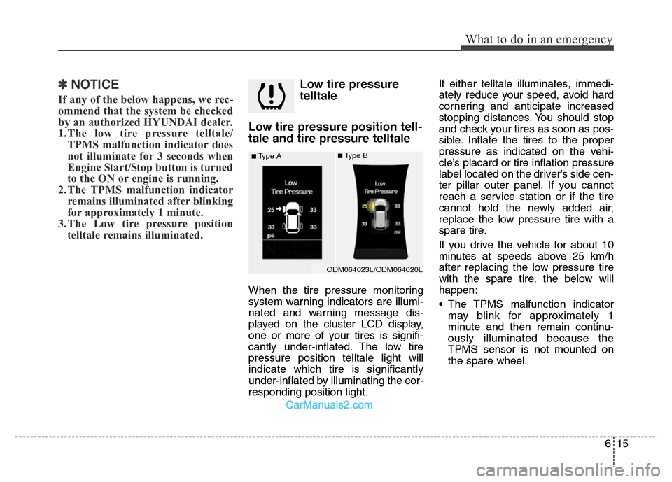 Hyundai Grand Santa Fe 2016 Owners Manual 615
What to do in an emergency
✽NOTICE
If any of the below happens, we rec-
ommend that the system be checked
by an authorized HYUNDAI dealer.
1.The low tire pressure telltale/
TPMS malfunction indi Hyundai Grand Santa Fe 2016 Owners Manual 615
What to do in an emergency
✽NOTICE
If any of the below happens, we rec-
ommend that the system be checked
by an authorized HYUNDAI dealer.
1.The low tire pressure telltale/
TPMS malfunction indi