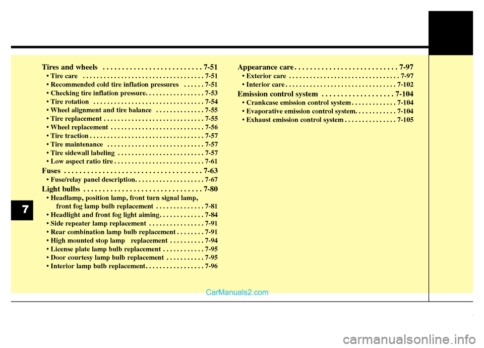 Hyundai Grand Santa Fe 2016  Owners Manual Tires and wheels  . . . . . . . . . . . . . . . . . . . . . . . . . . 7-51
• Tire care   . . . . . . . . . . . . . . . . . . . . . . . . . . . . . . . . . . . 7-51
• Recommended cold tire inflatio