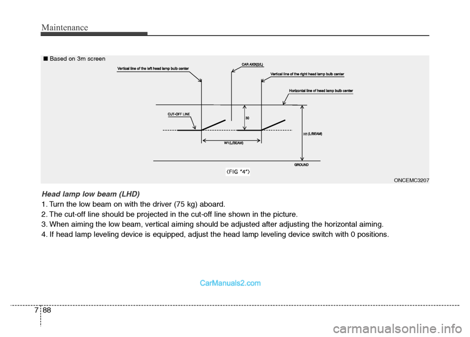 Hyundai Grand Santa Fe 2016  Owners Manual Maintenance
88 7
ONCEMC3207
Head lamp low beam (LHD) 
1. Turn the low beam on with the driver (75 kg) aboard.
2. The cut-off line should be projected in the cut-off line shown in the picture.
3. When 