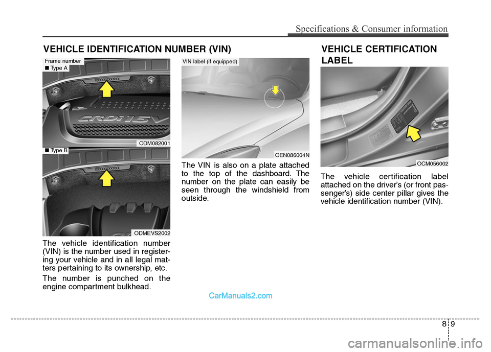 Hyundai Grand Santa Fe 2016 Owners Manual 89
Specifications & Consumer information
The vehicle identification number
(VIN) is the number used in register-
ing your vehicle and in all legal mat-
ters pertaining to its ownership, etc.
The numbe Hyundai Grand Santa Fe 2016 Owners Manual 89
Specifications & Consumer information
The vehicle identification number
(VIN) is the number used in register-
ing your vehicle and in all legal mat-
ters pertaining to its ownership, etc.
The numbe