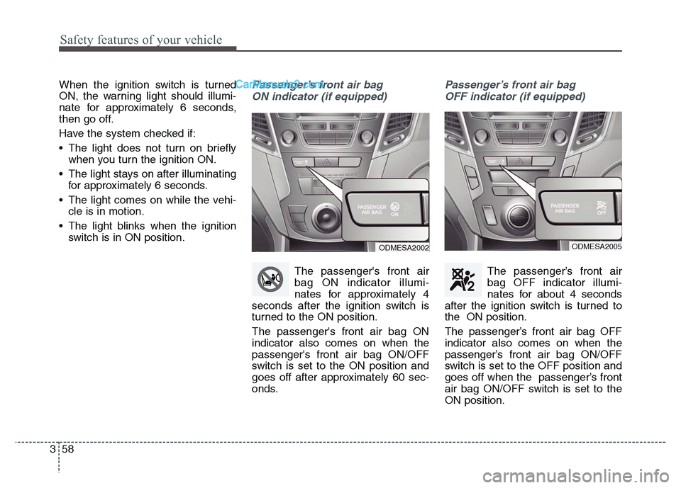 Hyundai Grand Santa Fe 2016 Manual PDF Safety features of your vehicle
58 3
When the ignition switch is turned
ON, the warning light should illumi-
nate for approximately 6 seconds,
then go off.
Have the system checked if:
• The light do Hyundai Grand Santa Fe 2016 Manual PDF Safety features of your vehicle
58 3
When the ignition switch is turned
ON, the warning light should illumi-
nate for approximately 6 seconds,
then go off.
Have the system checked if:
• The light do