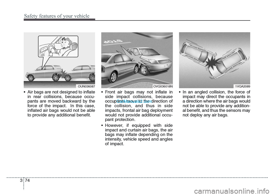 Hyundai Grand Santa Fe 2016 Owners Manual Safety features of your vehicle
74 3
• Air bags are not designed to inflate
in rear collisions, because occu-
pants are moved backward by the
force of the impact. In this case,
inflated air bags wou Hyundai Grand Santa Fe 2016 Owners Manual Safety features of your vehicle
74 3
• Air bags are not designed to inflate
in rear collisions, because occu-
pants are moved backward by the
force of the impact. In this case,
inflated air bags wou