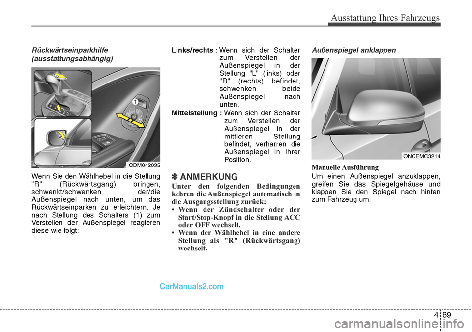 Hyundai Grand Santa Fe 2016 Betriebsanleitung (in German) 469
Ausstattung Ihres Fahrzeugs
Rückwärtseinparkhilfe(ausstattungsabhängig)
Wenn Sie den Wählhebel in die Stellung
"R" (Rückwärtsgang) bringen,
schwenkt/schwenken der/die
Außenspiegel nach unte Hyundai Grand Santa Fe 2016 Betriebsanleitung (in German) 469
Ausstattung Ihres Fahrzeugs
Rückwärtseinparkhilfe(ausstattungsabhängig)
Wenn Sie den Wählhebel in die Stellung
"R" (Rückwärtsgang) bringen,
schwenkt/schwenken der/die
Außenspiegel nach unte