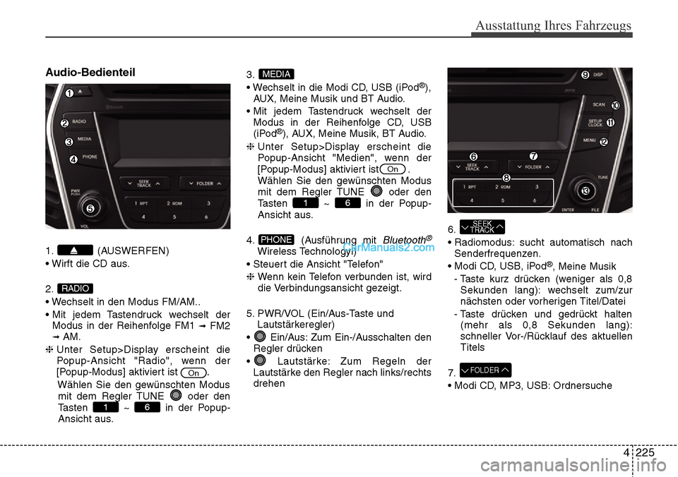 Hyundai Grand Santa Fe 2016  Betriebsanleitung (in German) 4 225
Ausstattung Ihres Fahrzeugs
Audio-Bedienteil
1. (AUSWERFEN)
• Wirft die CD aus.
2.
• Wechselt in den Modus FM/AM..
• Mit jedem Tastendruck wechselt derModus in der Reihenfolge FM1 
\bFM2\b