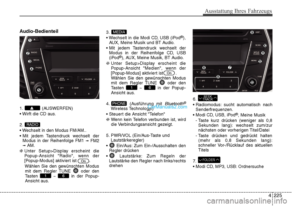 Hyundai Grand Santa Fe 2016  Betriebsanleitung (in German) 4 225
Ausstattung Ihres Fahrzeugs
Audio-Bedienteil
1. (AUSWERFEN)
• Wirft die CD aus.
2.
• Wechselt in den Modus FM/AM..
• Mit jedem Tastendruck wechselt derModus in der Reihenfolge FM1 
\bFM2\b Hyundai Grand Santa Fe 2016  Betriebsanleitung (in German) 4 225
Ausstattung Ihres Fahrzeugs
Audio-Bedienteil
1. (AUSWERFEN)
• Wirft die CD aus.
2.
• Wechselt in den Modus FM/AM..
• Mit jedem Tastendruck wechselt derModus in der Reihenfolge FM1 
\bFM2\b