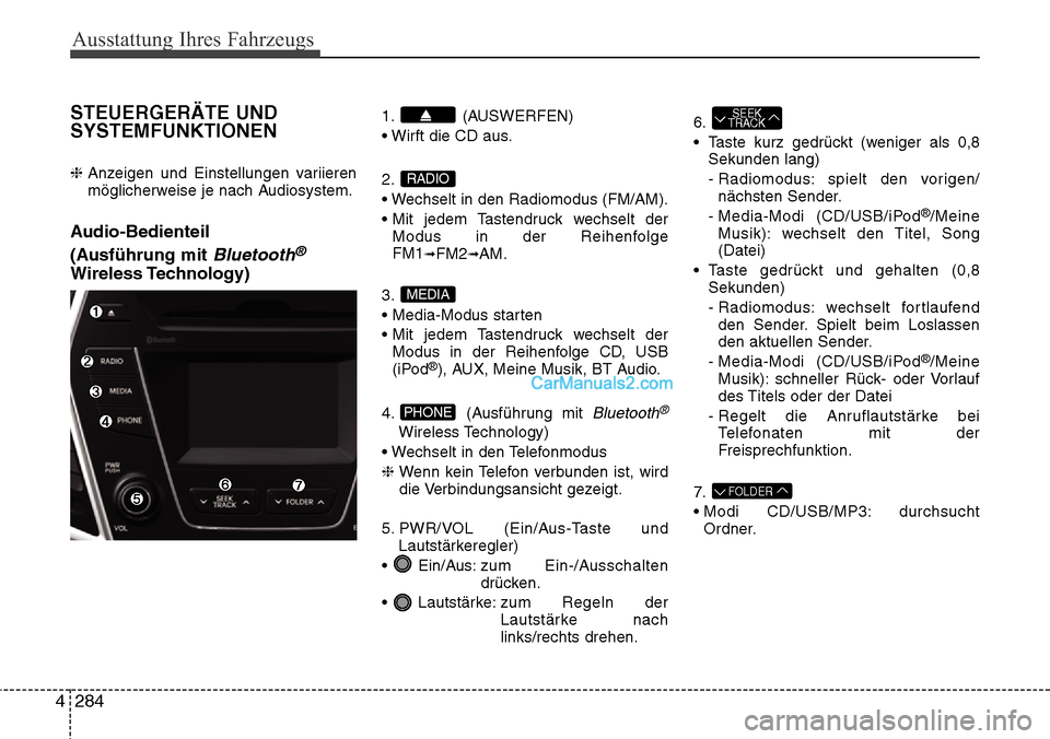 Hyundai Grand Santa Fe 2016  Betriebsanleitung (in German) Ausstattung Ihres Fahrzeugs
284
4
STEUERGERÄTE UND
SYSTEMFUNKTIONEN
❈  Anzeigen und Einstellungen variieren
möglicherweise je nach Audiosystem.
Audio-Bedienteil 
(Ausführung mit 
Bluetooth®
Wire