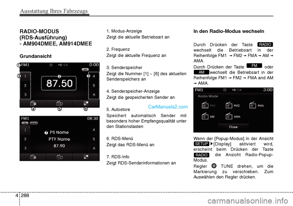 Hyundai Grand Santa Fe 2016 Betriebsanleitung (in German) Ausstattung Ihres Fahrzeugs
288
4
RADIO-MODUS
(RDS-Ausführung)
- AM904DMEE, AM914DMEE
Grundansicht
1. Modus-Anzeige
Zeigt die aktuelle Betriebsart an
2. Frequenz
Zeigt die aktuelle Frequenz an
3. Sen Hyundai Grand Santa Fe 2016 Betriebsanleitung (in German) Ausstattung Ihres Fahrzeugs
288
4
RADIO-MODUS
(RDS-Ausführung)
- AM904DMEE, AM914DMEE
Grundansicht
1. Modus-Anzeige
Zeigt die aktuelle Betriebsart an
2. Frequenz
Zeigt die aktuelle Frequenz an
3. Sen
