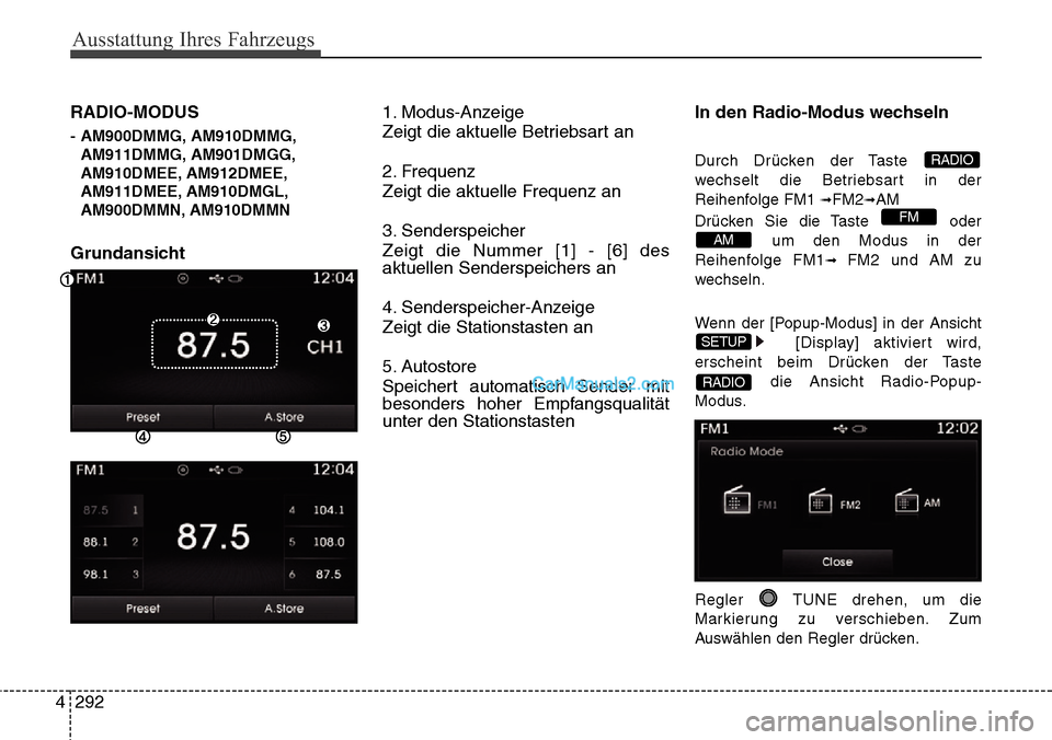 Hyundai Grand Santa Fe 2016  Betriebsanleitung (in German) Ausstattung Ihres Fahrzeugs
292
4
RADIO-MODUS 
- AM900DMMG, AM910DMMG,
AM911DMMG, AM901DMGG,
AM910DMEE, AM912DMEE,
AM911DMEE, AM910DMGL,
AM900DMMN, AM910DMMN
Grundansicht 1. Modus-Anzeige
Zeigt die ak