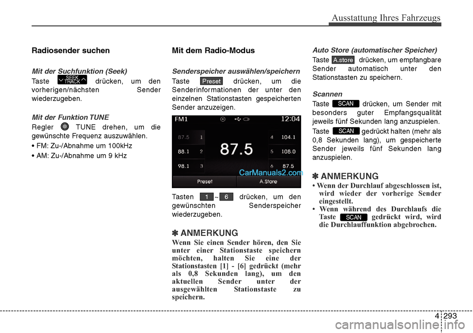 Hyundai Grand Santa Fe 2016  Betriebsanleitung (in German) 4 293
Ausstattung Ihres Fahrzeugs
Radiosender suchen
Mit der Suchfunktion (Seek)
Taste drücken, um den
vorherigen/nächsten Sender
wiederzugeben.
Mit der Funktion TUNE
Regler  TUNE drehen, um die
gew