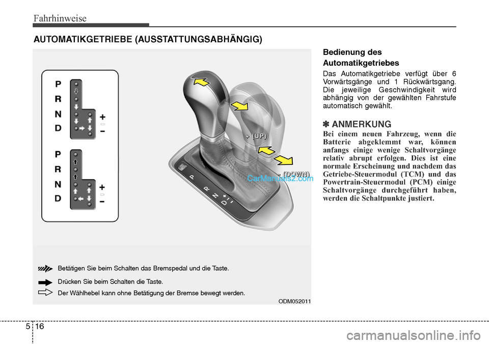 Hyundai Grand Santa Fe 2016 Betriebsanleitung (in German) Fahrhinweise
16
5
Bedienung des
Automatikgetriebes
Das Automatikgetriebe verfügt über 6
Vorwärtsgänge und 1 Rückwärtsgang.
Die jeweilige Geschwindigkeit wird
abhängig von der gewählten Fahrstu Hyundai Grand Santa Fe 2016 Betriebsanleitung (in German) Fahrhinweise
16
5
Bedienung des
Automatikgetriebes
Das Automatikgetriebe verfügt über 6
Vorwärtsgänge und 1 Rückwärtsgang.
Die jeweilige Geschwindigkeit wird
abhängig von der gewählten Fahrstu