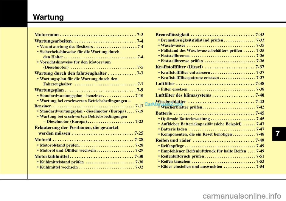 Hyundai Grand Santa Fe 2016 Betriebsanleitung (in German) Wartung
Motorraum . . . . . . . . . . . . . . . . . . . . . . . . . . . . . . . . 7-3
Wartungsarbeiten . . . . . . . . . . . . . . . . . . . . . . . . . . . 7-4
• Verantwortung des Besitzers . . . . Hyundai Grand Santa Fe 2016 Betriebsanleitung (in German) Wartung
Motorraum . . . . . . . . . . . . . . . . . . . . . . . . . . . . . . . . 7-3
Wartungsarbeiten . . . . . . . . . . . . . . . . . . . . . . . . . . . 7-4
• Verantwortung des Besitzers . . . .