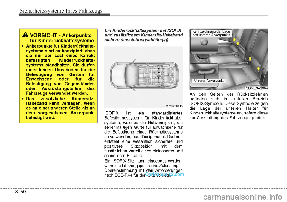Hyundai Grand Santa Fe 2016 Betriebsanleitung (in German) Sicherheitssysteme Ihres Fahrzeugs
50
3
Ein Kinderrückhaltesystem mit ISOFIX
und zusätzlichem Kindersitz-Haltebandsichern (ausstattungsabhängig)
ISOFIX ist ein standardisiertes
Befestigungssystem f Hyundai Grand Santa Fe 2016 Betriebsanleitung (in German) Sicherheitssysteme Ihres Fahrzeugs
50
3
Ein Kinderrückhaltesystem mit ISOFIX
und zusätzlichem Kindersitz-Haltebandsichern (ausstattungsabhängig)
ISOFIX ist ein standardisiertes
Befestigungssystem f