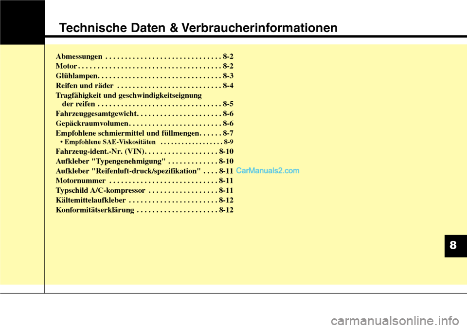 Hyundai Grand Santa Fe 2016 Betriebsanleitung (in German) Technische Daten & Verbraucherinformationen
Abmessungen . . . . . . . . . . . . . . . . . . . . . . . . . . . . . . 8-2
Motor . . . . . . . . . . . . . . . . . . . . . . . . . . . . . . . . . . . . \
Hyundai Grand Santa Fe 2016 Betriebsanleitung (in German) Technische Daten & Verbraucherinformationen
Abmessungen . . . . . . . . . . . . . . . . . . . . . . . . . . . . . . 8-2
Motor . . . . . . . . . . . . . . . . . . . . . . . . . . . . . . . . . . . . \