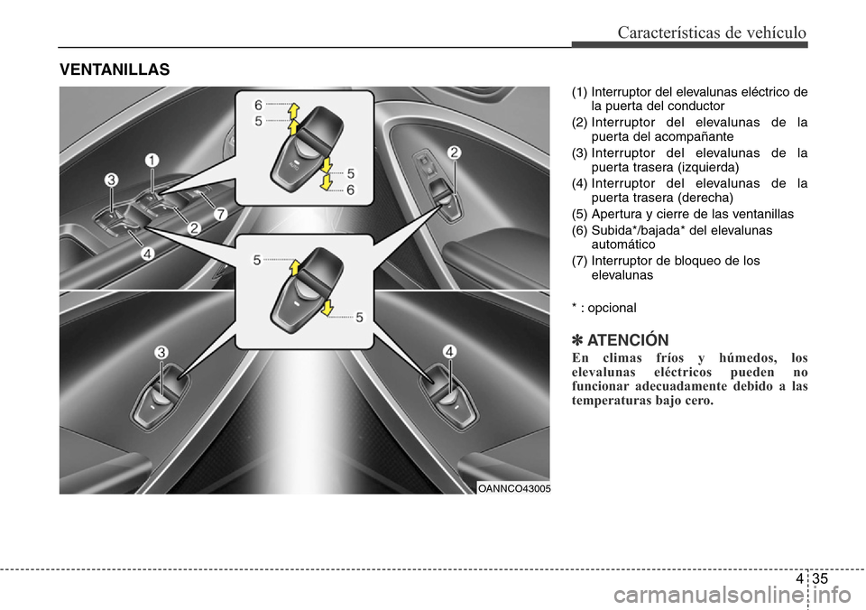 Hyundai Grand Santa Fe 2016  Manual del propietario (in Spanish) 435
Características de vehículo
(1) Interruptor del elevalunas eléctrico de
la puerta del conductor
(2) Interruptor del elevalunas de la
puerta del acompañante
(3) Interruptor del elevalunas de la