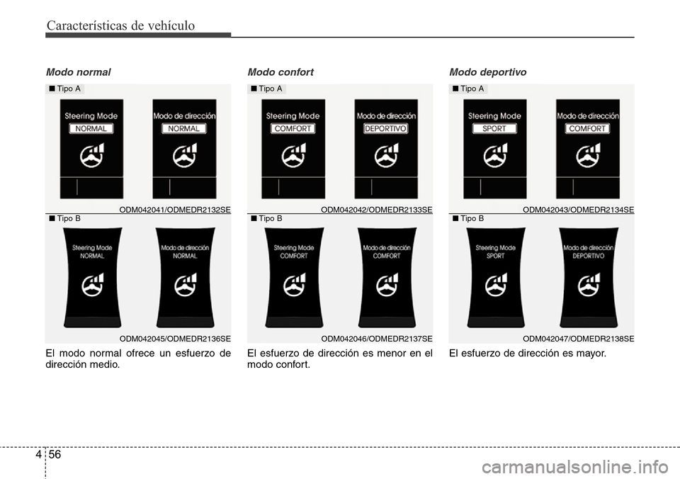 Hyundai Grand Santa Fe 2016  Manual del propietario (in Spanish) Características de vehículo
56 4
Modo normal
El modo normal ofrece un esfuerzo de
dirección medio.
Modo confort
El esfuerzo de dirección es menor en el
modo confort.
Modo deportivo
El esfuerzo de 