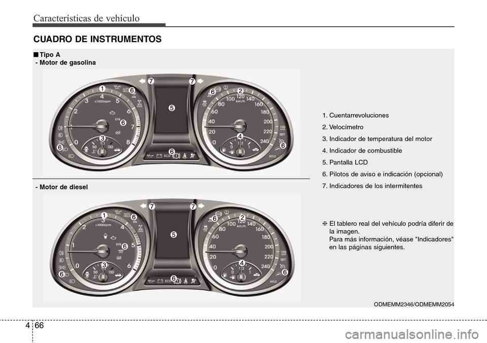 Hyundai Grand Santa Fe 2016 Manual del propietario (in Spanish) Características de vehículo
66 4
CUADRO DE INSTRUMENTOS
ODMEMM2346/ODMEMM2054
■Tipo A
- Motor de gasolina
- Motor de diesel
1. Cuentarrevoluciones
2. Velocímetro
3. Indicador de temperatura del m Hyundai Grand Santa Fe 2016 Manual del propietario (in Spanish) Características de vehículo
66 4
CUADRO DE INSTRUMENTOS
ODMEMM2346/ODMEMM2054
■Tipo A
- Motor de gasolina
- Motor de diesel
1. Cuentarrevoluciones
2. Velocímetro
3. Indicador de temperatura del m