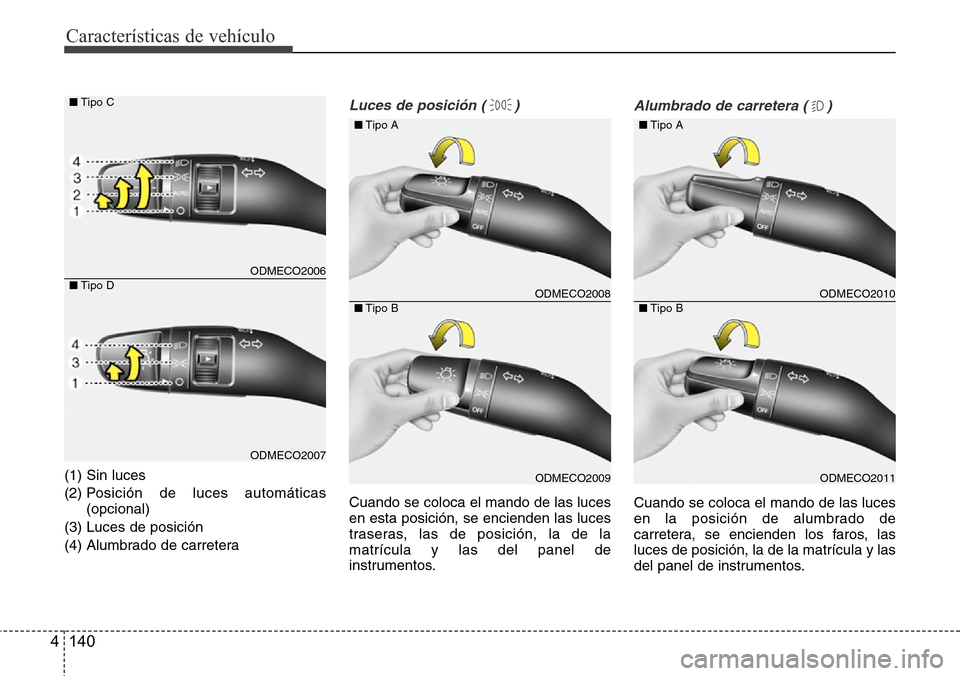 Hyundai Grand Santa Fe 2016 Manual del propietario (in Spanish) Características de vehículo
140 4
(1) Sin luces
(2) Posición de luces automáticas
(opcional)
(3) Luces de posición
(4) Alumbrado de carretera
Luces de posición ( )
Cuando se coloca el mando de l Hyundai Grand Santa Fe 2016 Manual del propietario (in Spanish) Características de vehículo
140 4
(1) Sin luces
(2) Posición de luces automáticas
(opcional)
(3) Luces de posición
(4) Alumbrado de carretera
Luces de posición ( )
Cuando se coloca el mando de l