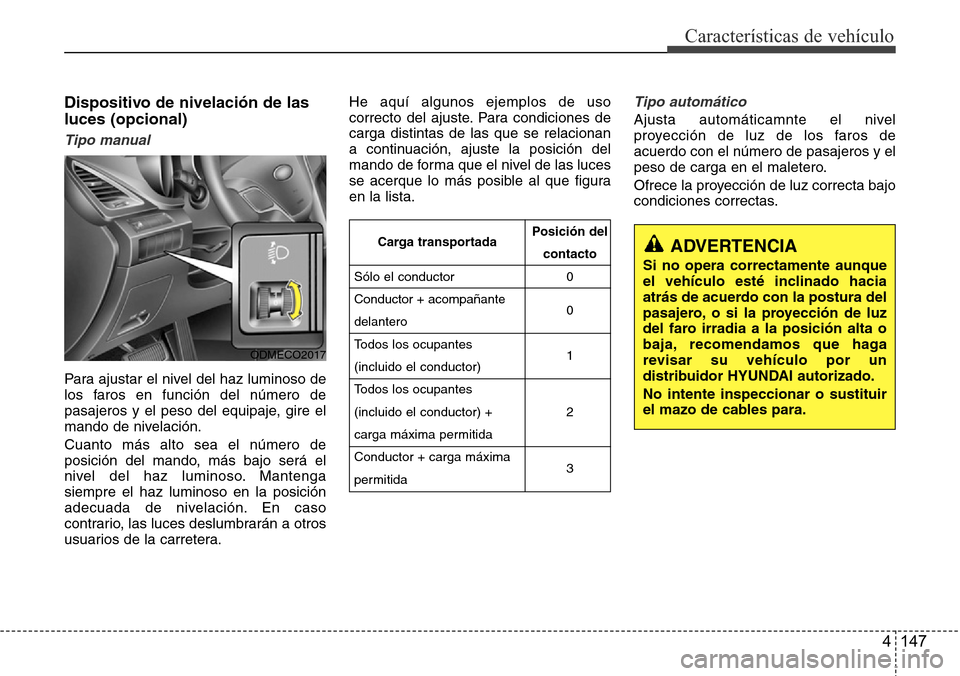 Hyundai Grand Santa Fe 2016 Manual del propietario (in Spanish) 4 147
Características de vehículo
Dispositivo de nivelación de las
luces (opcional)
Tipo manual
Para ajustar el nivel del haz luminoso de
los faros en función del número de
pasajeros y el peso de Hyundai Grand Santa Fe 2016 Manual del propietario (in Spanish) 4 147
Características de vehículo
Dispositivo de nivelación de las
luces (opcional)
Tipo manual
Para ajustar el nivel del haz luminoso de
los faros en función del número de
pasajeros y el peso de