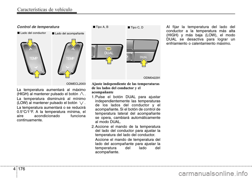 Hyundai Grand Santa Fe 2016  Manual del propietario (in Spanish) Características de vehículo
176 4
Control de temperatura
La temperatura aumentará al máximo
(HIGH) al mantener pulsado el botón  .
La temperatura disminuirá al mínimo
(LOW) al mantener pulsado 