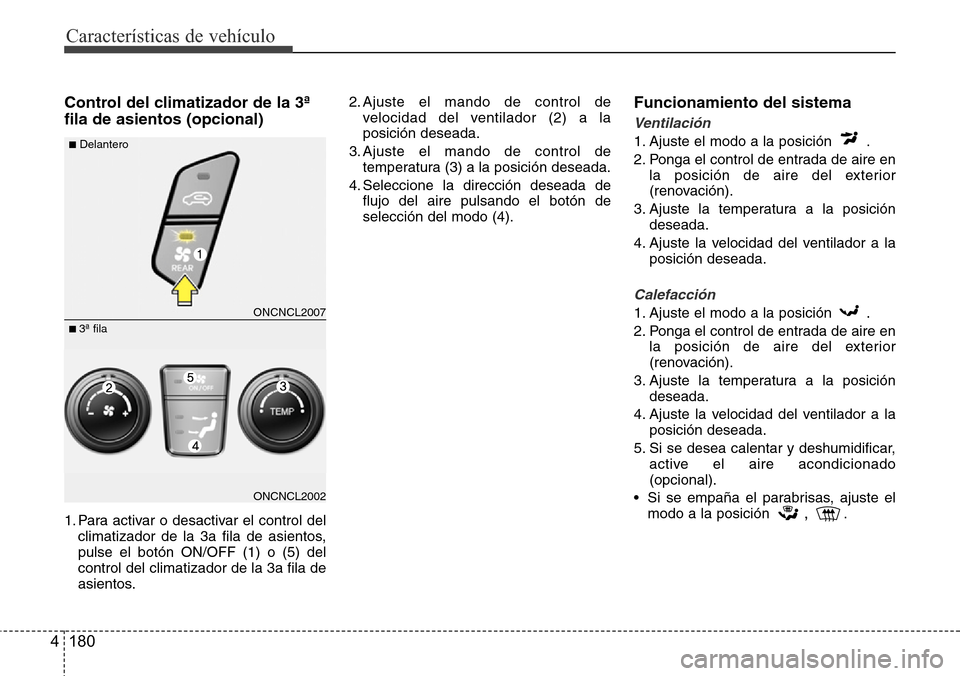 Hyundai Grand Santa Fe 2016  Manual del propietario (in Spanish) Características de vehículo
180 4
Control del climatizador de la 3ª
fila de asientos (opcional)
1. Para activar o desactivar el control del
climatizador de la 3a fila de asientos,
pulse el botón O
