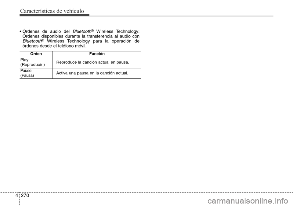 Hyundai Grand Santa Fe 2016 Manual del propietario (in Spanish) Características de vehículo
270 4
• Órdenes de audio del Bluetooth®Wireless Technology:
Órdenes disponibles durante la transferencia al audio con
Bluetooth®Wireless Technology para la operaci Hyundai Grand Santa Fe 2016 Manual del propietario (in Spanish) Características de vehículo
270 4
• Órdenes de audio del Bluetooth®Wireless Technology:
Órdenes disponibles durante la transferencia al audio con
Bluetooth®Wireless Technology para la operaci