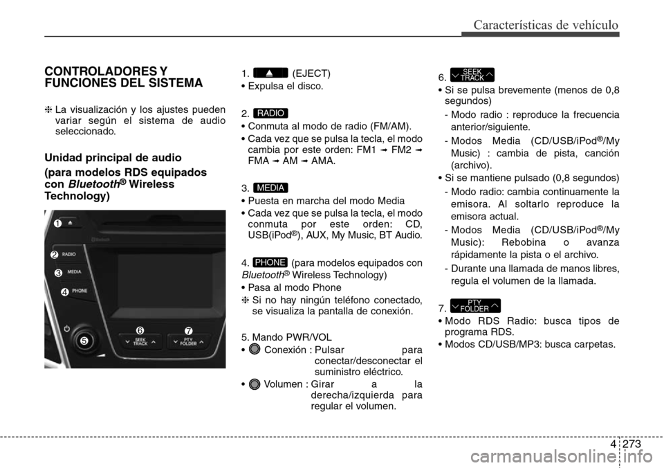 Hyundai Grand Santa Fe 2016 Manual del propietario (in Spanish) 4273
Características de vehículo
CONTROLADORES Y
FUNCIONES DEL SISTEMA
❈ La visualización y los ajustes pueden
variar según el sistema de audio
seleccionado.
Unidad principal de audio
(para mod Hyundai Grand Santa Fe 2016 Manual del propietario (in Spanish) 4273
Características de vehículo
CONTROLADORES Y
FUNCIONES DEL SISTEMA
❈ La visualización y los ajustes pueden
variar según el sistema de audio
seleccionado.
Unidad principal de audio
(para mod