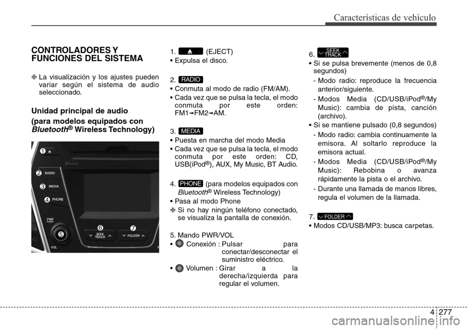 Hyundai Grand Santa Fe 2016 Manual del propietario (in Spanish) 4277
Características de vehículo
CONTROLADORES Y
FUNCIONES DEL SISTEMA
❈ La visualización y los ajustes pueden
variar según el sistema de audio
seleccionado.
Unidad principal de audio
(para mod Hyundai Grand Santa Fe 2016 Manual del propietario (in Spanish) 4277
Características de vehículo
CONTROLADORES Y
FUNCIONES DEL SISTEMA
❈ La visualización y los ajustes pueden
variar según el sistema de audio
seleccionado.
Unidad principal de audio
(para mod