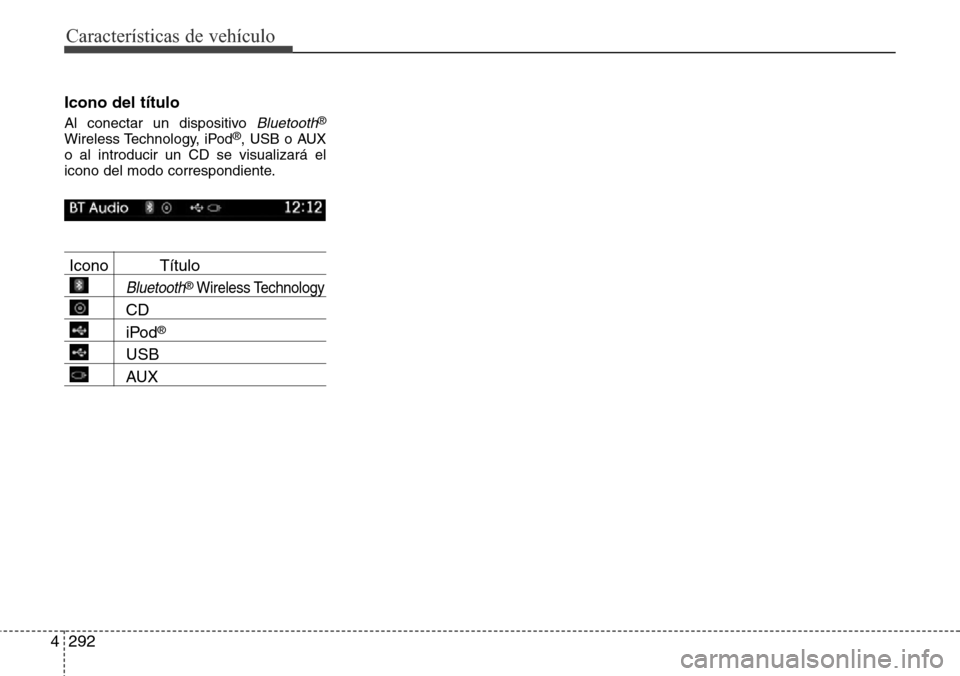 Hyundai Grand Santa Fe 2016 Manual del propietario (in Spanish) Características de vehículo
292 4
Icono del título
Al conectar un dispositivo Bluetooth®
Wireless Technology, iPod®, USB o AUX
o al introducir un CD se visualizará el
icono del modo correspondi Hyundai Grand Santa Fe 2016 Manual del propietario (in Spanish) Características de vehículo
292 4
Icono del título
Al conectar un dispositivo Bluetooth®
Wireless Technology, iPod®, USB o AUX
o al introducir un CD se visualizará el
icono del modo correspondi